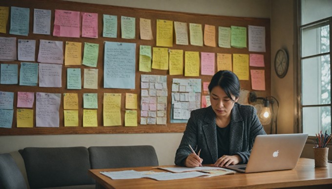 A focused product owner prioritizing tasks on a laptop in a cozy workspace, surrounded by Agile project materials.