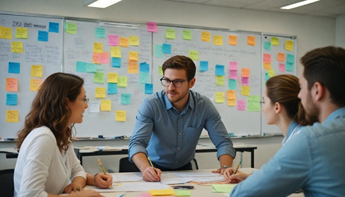 A close-up of an agile leader facilitating a brainstorming session with team members, showcasing collaboration and creativity.