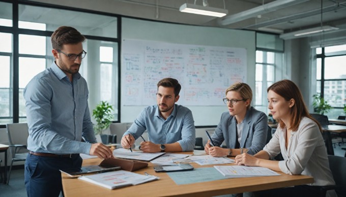 A diverse team of professionals collaborating in a modern office setting, discussing agile leadership principles.