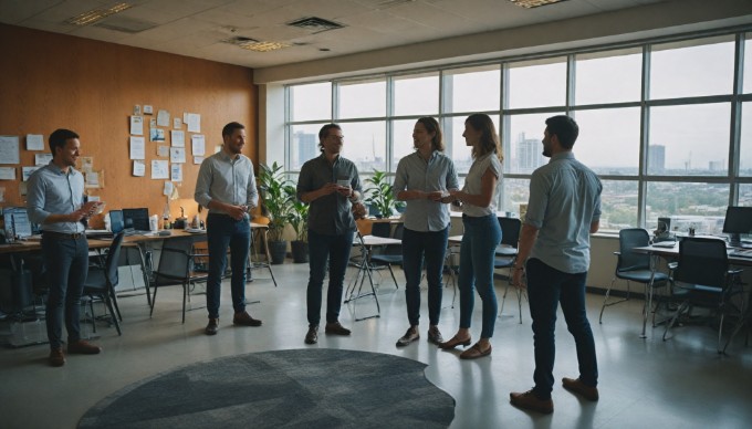 An agile software development team conducting a daily stand-up meeting.