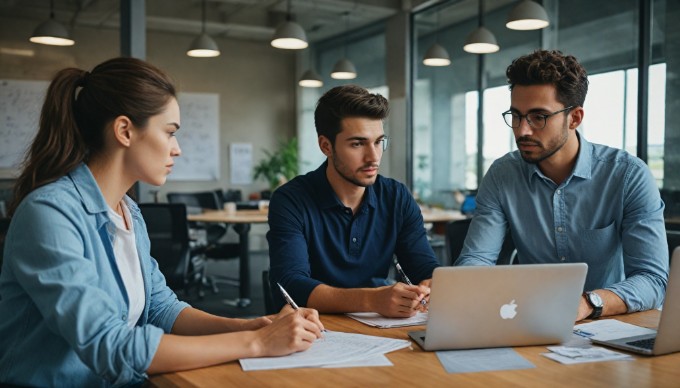 A diverse team collaborating in an office setting, discussing Agile testing strategies with laptops and notepads on the table.