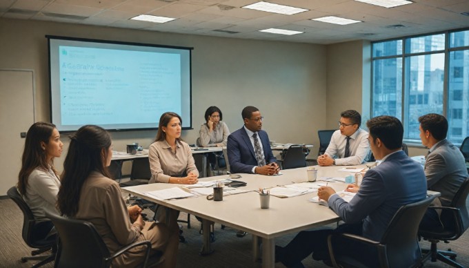 Leadership conducting an agile training session in a bright office.