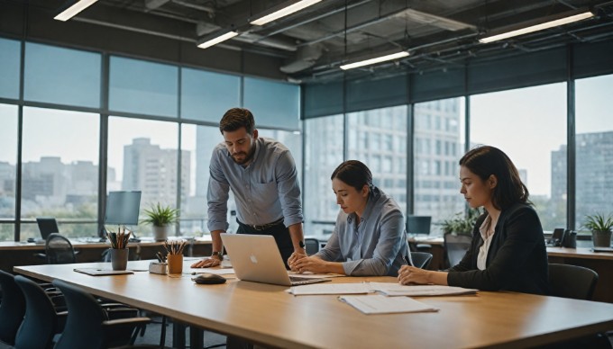 A team collaborating on agile transformation in a modern office setting.