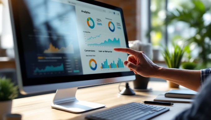 A close-up of a computer screen displaying analytics data with a hand pointing at the conversion metrics.