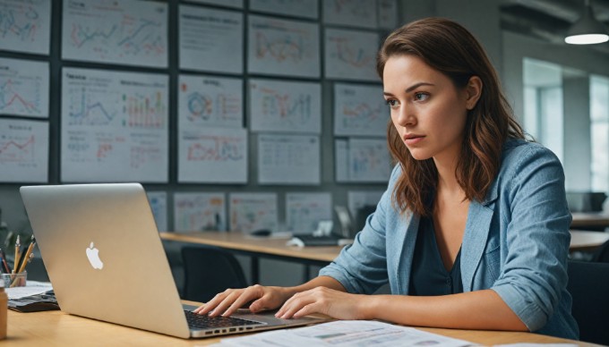 An individual analyzing customer data on a laptop in a modern office environment.