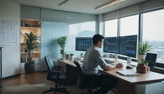 A person analyzing eCommerce data on a computer in a bright office space.