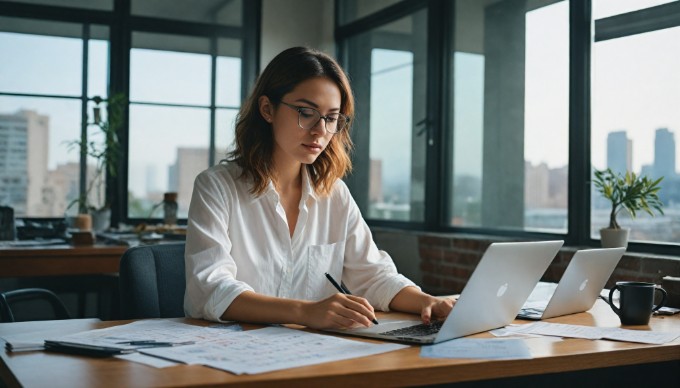 A tech-savvy individual analyzing eCommerce platform options on a laptop in a modern workspace, with charts and documents on the table.