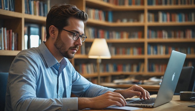 Analyzing customer feedback data on a laptop in a cozy office environment.