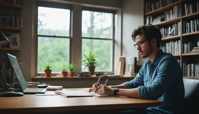 A person analyzing Magento project data on a laptop in a home office environment.