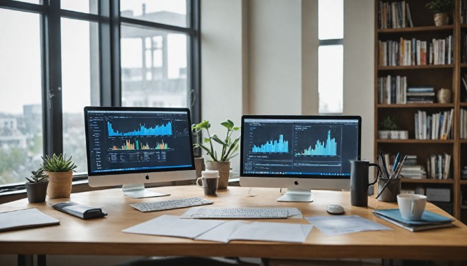 A person analyzing website performance metrics on a computer screen in a workspace.