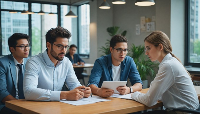 A professional team collaborating on an Android app development project in a modern office setting.