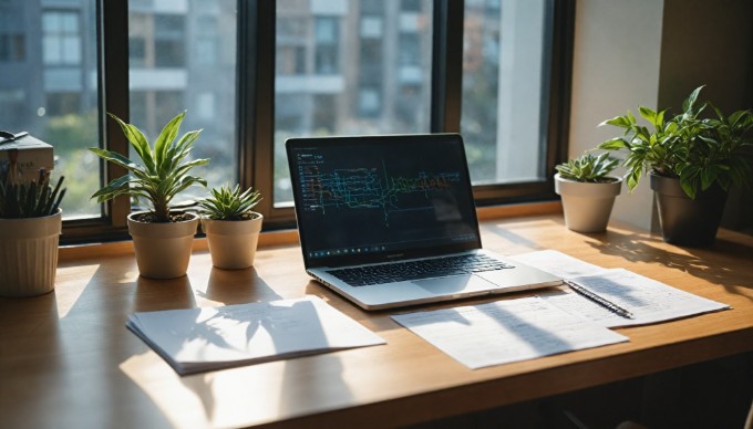 A professional setting with a person customizing an Android device on a desk with a laptop and a smartphone.