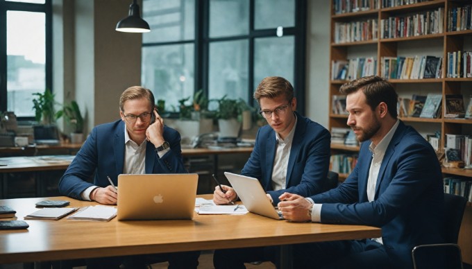 A professional setting showing two diverse individuals collaborating over a laptop, discussing API integration strategies with notes and coffee cups on the table.