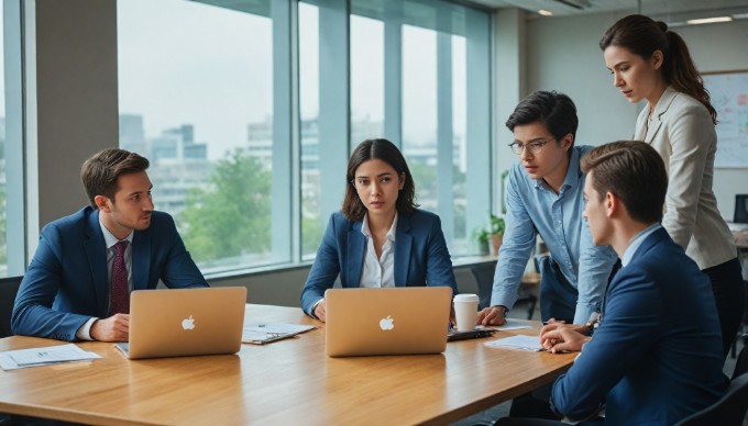 A professional setting showing a diverse group of developers discussing app security measures around a table with laptops and documents.