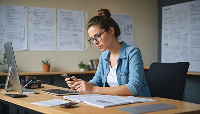 A developer testing a mobile app on multiple devices in a tech workspace.