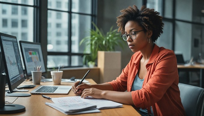 A focused IT professional analyzing application performance metrics on a computer screen in a modern office setting.