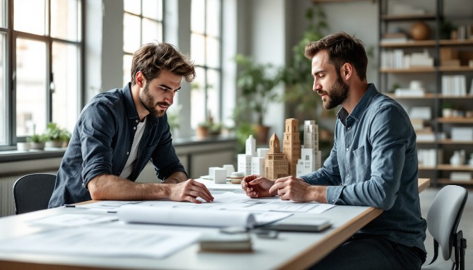 An architect discussing sustainable design principles in a collaborative workspace.