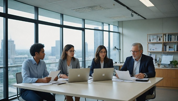 A diverse group of professionals collaborating in a modern office setting, discussing a project over a laptop and documents.