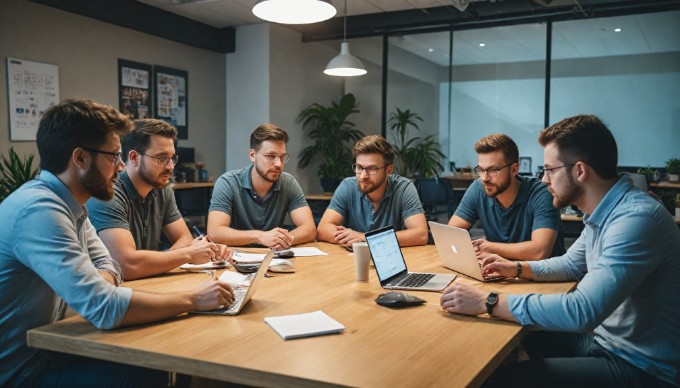 A team of Magento developers collaborating on a project, discussing strategies and coding solutions in a bright workspace.