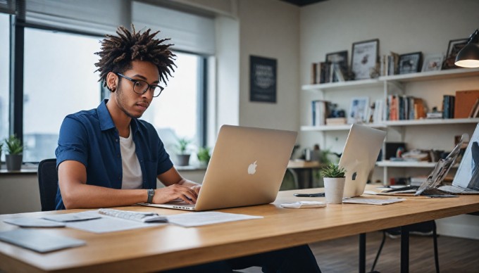 A professional individual working on a laptop in a modern office setting, focused on optimizing an e-commerce website.