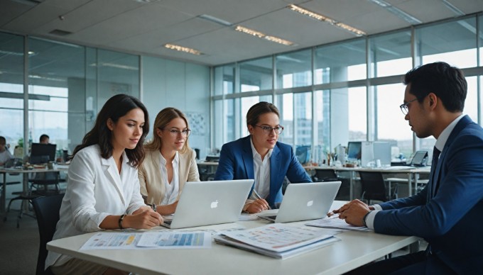 A diverse group of professionals collaborating in a modern office space, discussing over a laptop with charts and graphs on the screen, showcasing teamwork and innovation.