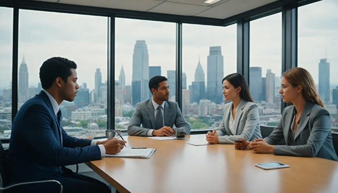 A diverse group of professionals collaborating in a modern office space, with a large window showing a city skyline in the background. They are engaged in a brainstorming session, with laptops and notepads on a conference table.