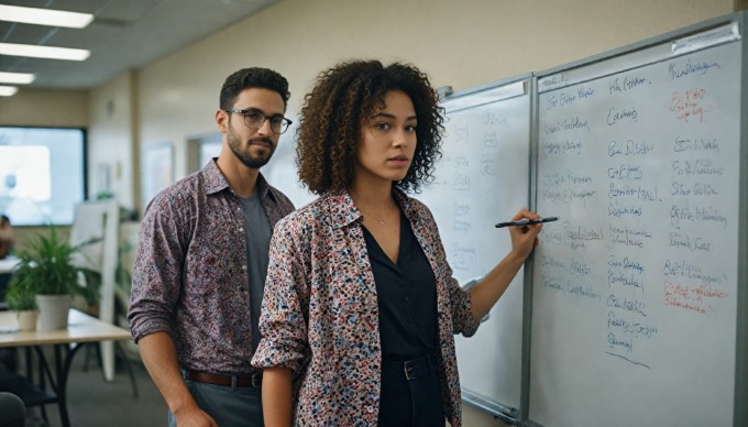 Two colleagues brainstorming ideas on a whiteboard in a contemporary office setting, showcasing diversity and creativity.