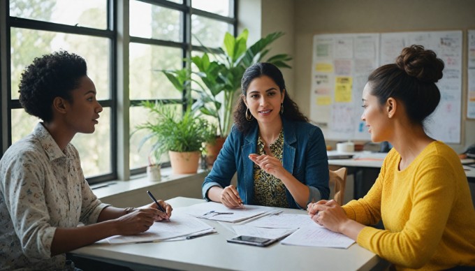 A professional woman brainstorming with colleagues in a colorful office environment, surrounded by plants and modern decor.