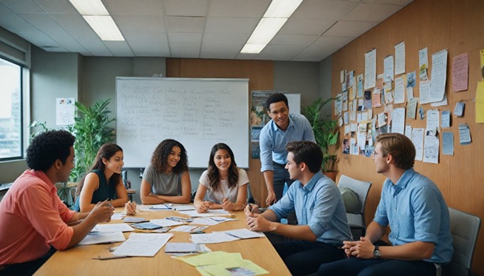 Young professionals brainstorming ideas in a vibrant office environment, showcasing teamwork and creativity.