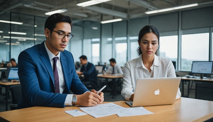 A business professional discussing headless eCommerce strategies with a colleague in a modern office setting.