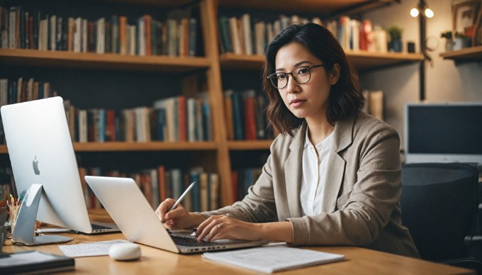 A business solution architect analyzing data on a computer in a casual office environment.