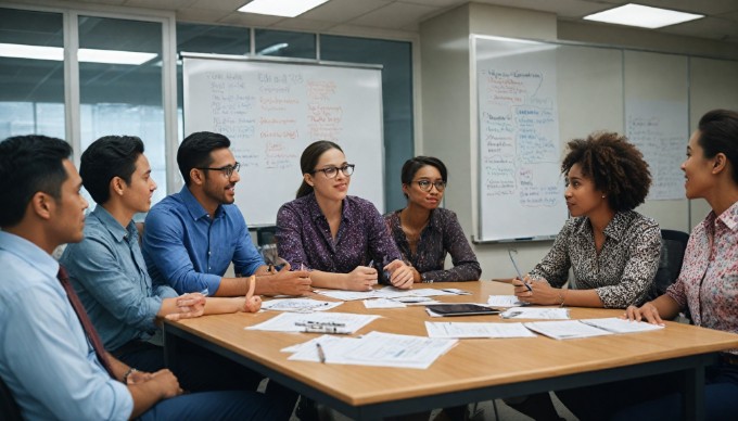 Business professionals brainstorming ideas on a whiteboard in a stylish office environment, showcasing teamwork and creativity.