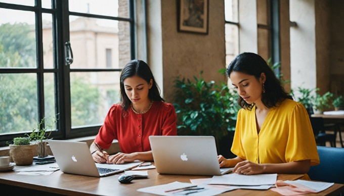 Two businesswomen brainstorming ideas on a laptop in a vibrant office environment.