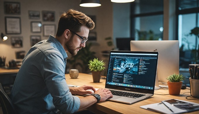 A professional Magento developer working on a laptop, analyzing eCommerce website designs in a modern office setting.