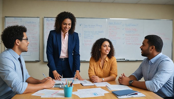 A team of four professionals brainstorming in a bright, open office environment with large windows and plants.