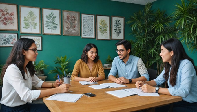 A casual meeting in a trendy office with a group of young professionals discussing ideas around a table, showcasing diversity and creativity.