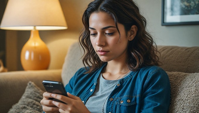 A close-up of a person interacting with a chatbot on a smartphone in a casual setting.