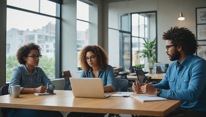 A professional setting showing a diverse group discussing chatbot technology at a conference table with laptops.