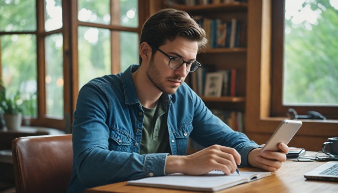 A person checking app updates on an iPhone in a cozy home office setting.