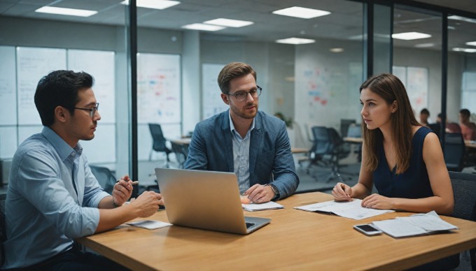 A professional setting with two people discussing cloud hosting services over a laptop in an office environment.