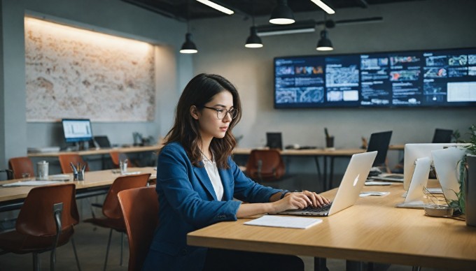 A person working on a laptop in a collaborative workspace focusing on cloud hosting solutions.