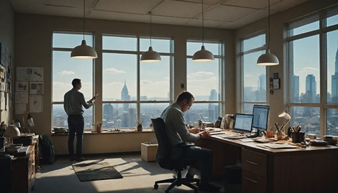 A professional setting with two individuals discussing cloud infrastructure at a modern office desk, surrounded by laptops and charts.