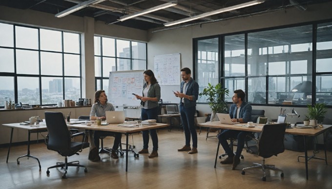 A professional setting with a diverse group of individuals collaborating over a laptop, discussing cloud storage solutions.