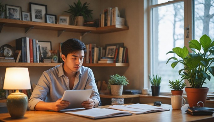 A person accessing cloud storage on a tablet while sitting in a cozy home office.