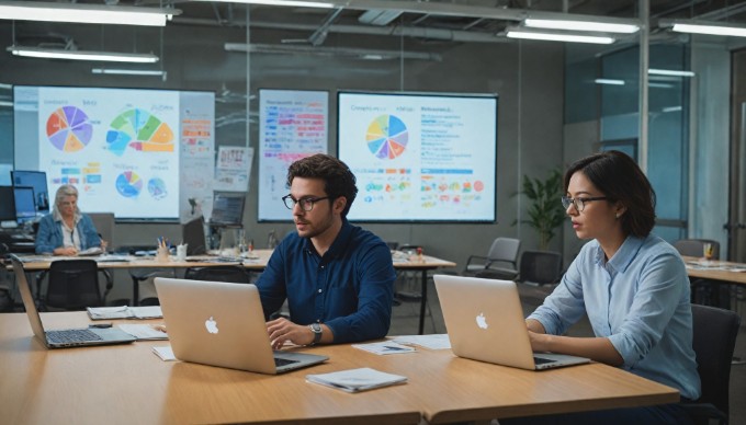 A close-up of a cloud technology presentation on a laptop screen in a collaborative workspace with colleagues.