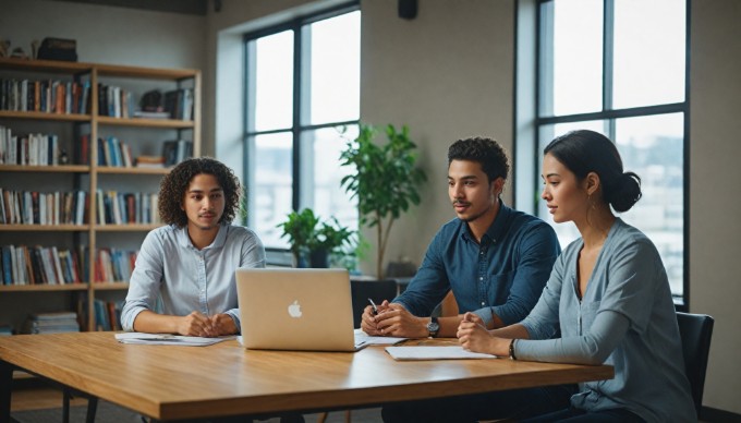 A professional setting with a diverse group of people collaborating over a laptop, discussing content management strategies.