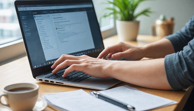 A close-up of a person working on a laptop in a bright office, analyzing content management system features.