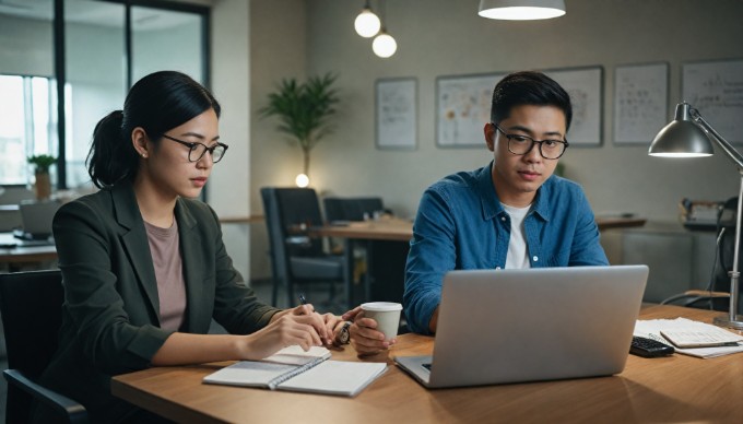 A professional setting with two diverse individuals collaborating on a CMS project, reviewing a digital interface on a laptop with focus and engagement.