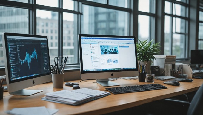 A user-friendly CMS interface displayed on a computer screen, with a person interacting with it in a bright office environment.