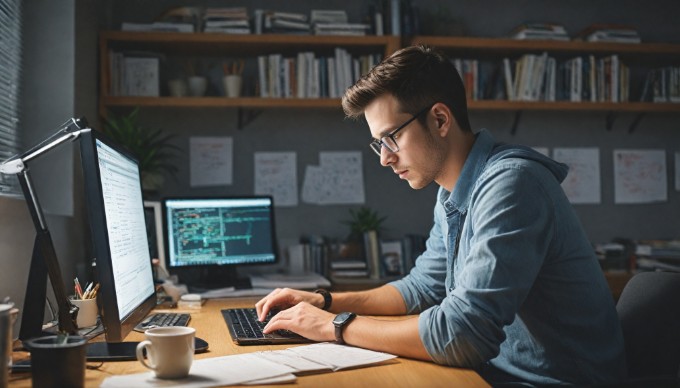 A coder implementing event delegation on a computer, with code and diagrams visible on the screen.